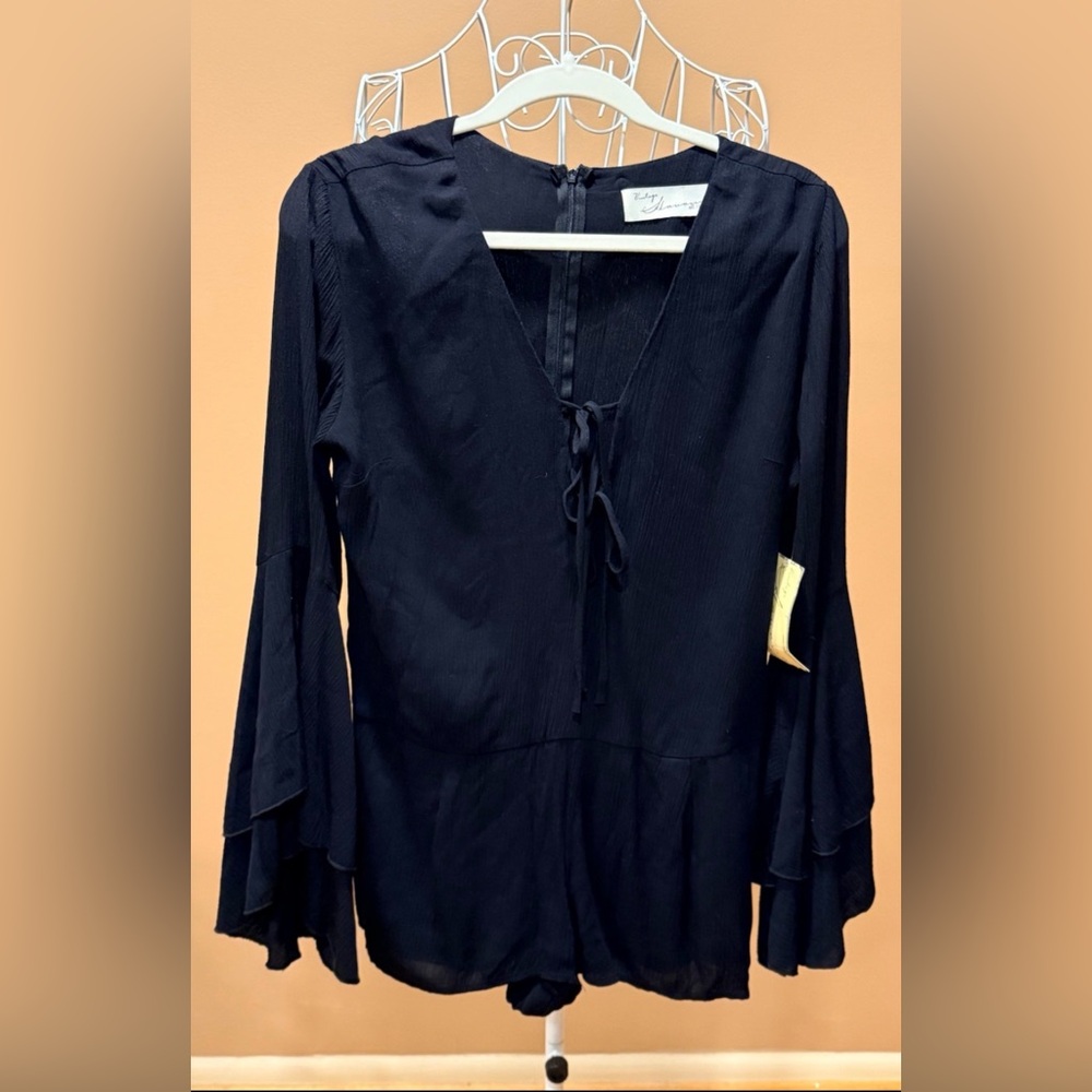 Vintage Havana Black Romper Bell Sleeve Tie Front Tiered Flowy Small